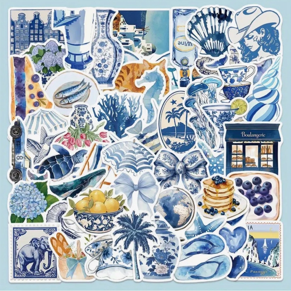 50 Blue Mediterranean Stickers Ocean Shells Bird Turtle Cat Lemons Sardines